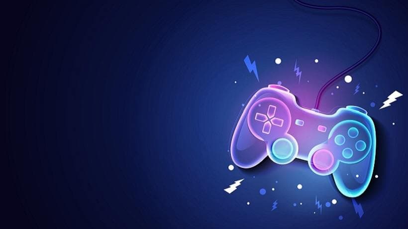 A neon game controller on a dark blue background